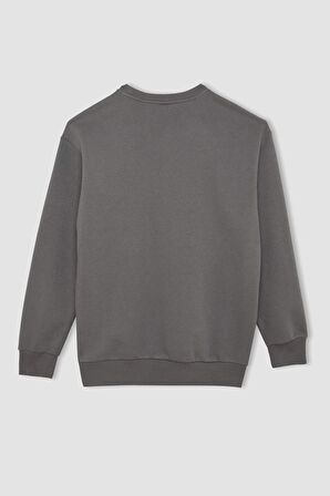 Erkek Kırık Beyaz Oversize Fit Bisiklet Yaka Kalın Kumaş Basic Düz Sweatshirt