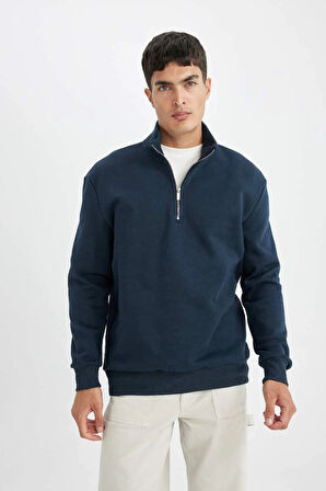 X7405 Comfort Regular Fit Rahat Kalıp Dik Yaka Fermuarlı Kalın Basic Düz Sweatshirt