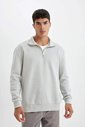 X7405 Comfort Regular Fit Rahat Kalıp Dik Yaka Fermuarlı Kalın Basic Düz Sweatshirt