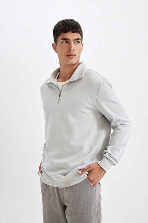 X7405 Comfort Regular Fit Rahat Kalıp Dik Yaka Fermuarlı Kalın Basic Düz Sweatshirt