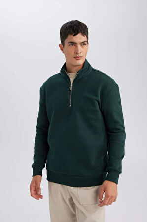 X7405 Comfort Regular Fit Rahat Kalıp Dik Yaka Fermuarlı Kalın Basic Düz Sweatshirt