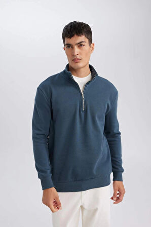 X7405 Comfort Regular Fit Rahat Kalıp Dik Yaka Fermuarlı Kalın Basic Düz Sweatshirt