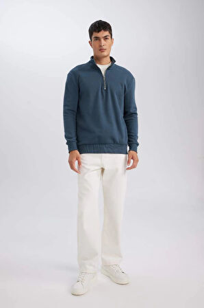 X7405 Comfort Regular Fit Rahat Kalıp Dik Yaka Fermuarlı Kalın Basic Düz Sweatshirt
