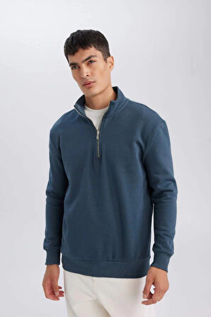 X7405 Comfort Regular Fit Rahat Kalıp Dik Yaka Fermuarlı Kalın Basic Düz Sweatshirt