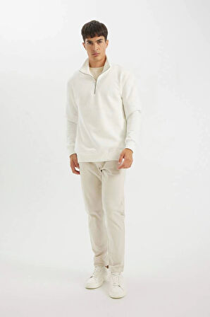 X7405 Comfort Regular Fit Rahat Kalıp Dik Yaka Fermuarlı Kalın Basic Düz Sweatshirt