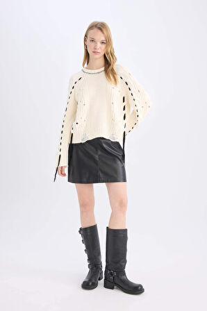 Coool A Kesim Yüksek Bel Suni Deri Mini Etek