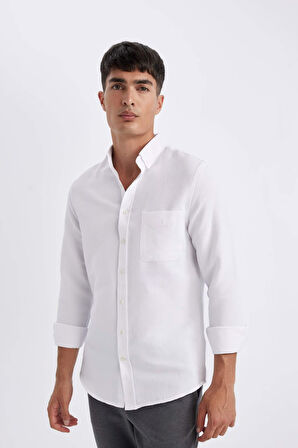 DeFacto Slim Fit Dar Kesim Düğmeli  Dokulu Düz Pamuk Karışımlı Uzun Kollu Gömlek T2066AZ24AUWT34