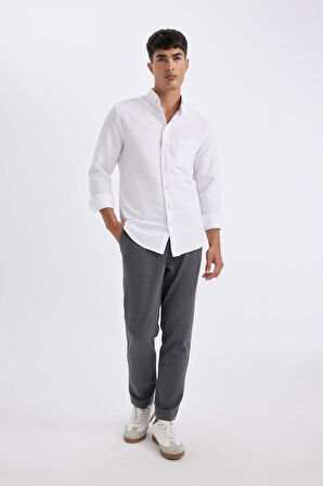 DeFacto Slim Fit Dar Kesim Düğmeli  Dokulu Düz Pamuk Karışımlı Uzun Kollu Gömlek T2066AZ24AUWT34