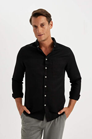 DeFacto Slim Fit Dar Kesim Düğmeli Dokulu Düz Pamuk Karışımlı Uzun Kollu Siyah Gömlek T2066AZ24AUBK81