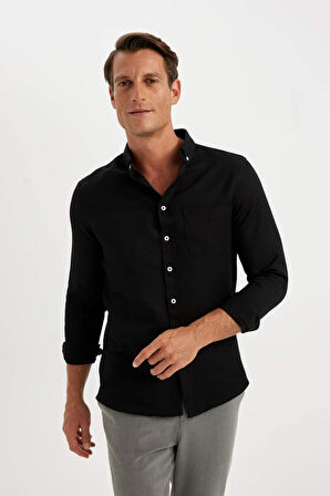 DeFacto Slim Fit Dar Kesim Düğmeli Dokulu Düz Pamuk Karışımlı Uzun Kollu Siyah Gömlek T2066AZ24AUBK81