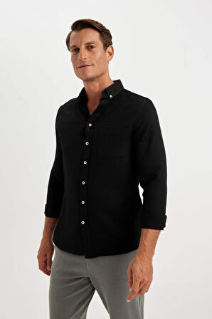 DeFacto Slim Fit Dar Kesim Düğmeli Dokulu Düz Pamuk Karışımlı Uzun Kollu Siyah Gömlek T2066AZ24AUBK81