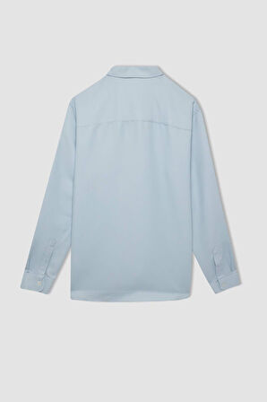 DeFacto Slim Fit Dar Kesim Düğmeli Dokulu Düz Pamuk Karışımlı Uzun Kollu Gömlek T2066AZ24AUBE723