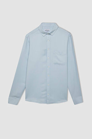DeFacto Slim Fit Dar Kesim Düğmeli Dokulu Düz Pamuk Karışımlı Uzun Kollu Gömlek T2066AZ24AUBE723