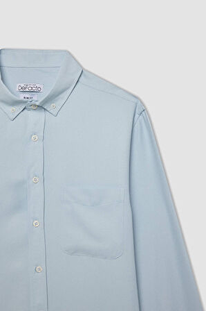 DeFacto Slim Fit Dar Kesim Düğmeli Dokulu Düz Pamuk Karışımlı Uzun Kollu Gömlek T2066AZ24AUBE723