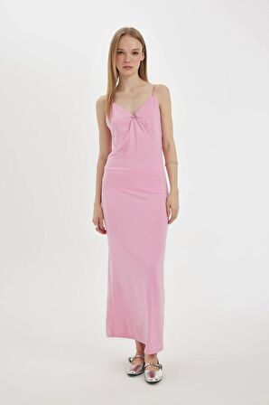 DeFacto Coool Slim Fit V Yaka Askılı Maxi Elbise D3608AX24SMPN253