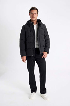 Su İtici Kapüşonlu Mont Slim Fit Dar Kesim Fermuarlı Çıtçıt Kapamalı Cepli