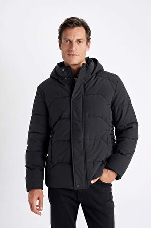 Su İtici Kapüşonlu Mont Slim Fit Dar Kesim Fermuarlı Çıtçıt Kapamalı Cepli