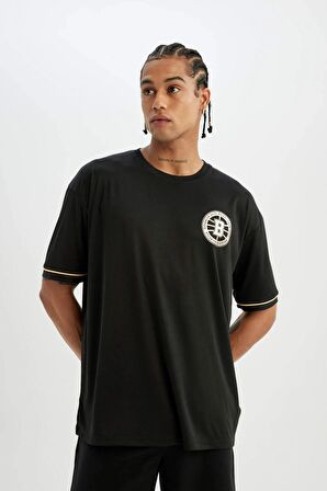 DeFactoFit NBA Brooklyn Nets Boxy Fit Bisiklet Yaka Ağır Kumaş Sırt Baskılı Kısa Kollu Tişört B9918AX24SMBK81
