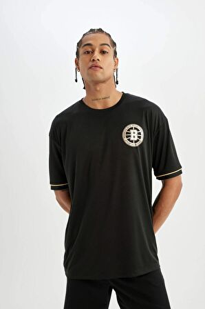 DeFactoFit NBA Brooklyn Nets Boxy Fit Bisiklet Yaka Ağır Kumaş Sırt Baskılı Kısa Kollu Tişört B9918AX24SMBK81