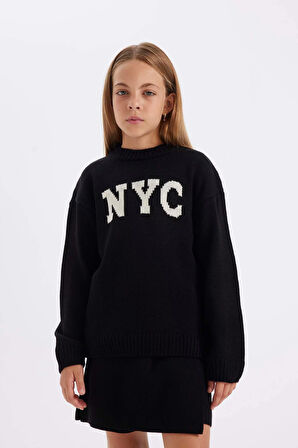 DeFacto Kız Çocuk Oversize Fit Bisiklet Yaka Kazak C6905A824AUBK27