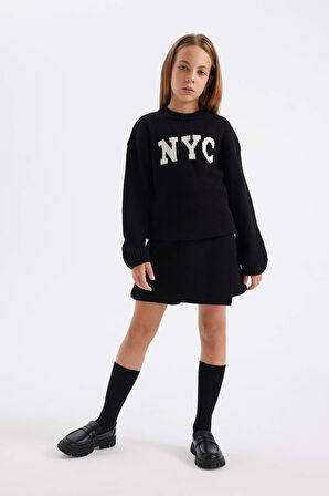 DeFacto Kız Çocuk Oversize Fit Bisiklet Yaka Kazak C6905A824AUBK27