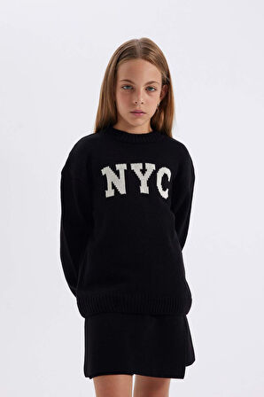 DeFacto Kız Çocuk Oversize Fit Bisiklet Yaka Kazak C6905A824AUBK27