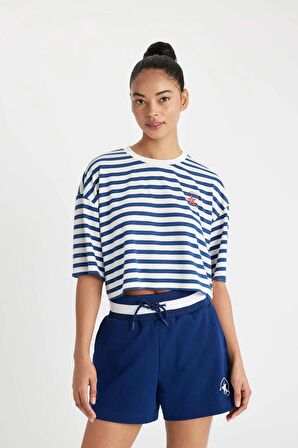DeFactoFit Crop Bisiklet Yaka Çizgili Sporcu Kısa Kollu Tişört C5822AX24SMNV131