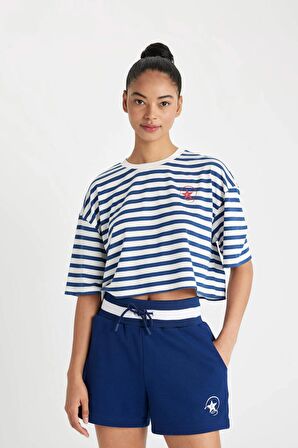 DeFactoFit Crop Bisiklet Yaka Çizgili Sporcu Kısa Kollu Tişört C5822AX24SMNV131