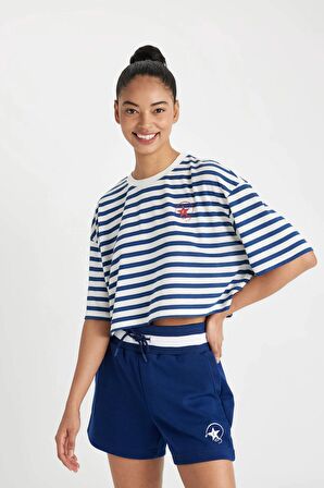 DeFactoFit Crop Bisiklet Yaka Çizgili Sporcu Kısa Kollu Tişört C5822AX24SMNV131