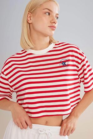 DeFactoFit Crop Bisiklet Yaka Çizgili Sporcu Kısa Kollu Tişört C5823AX24SMRD51
