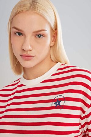 DeFactoFit Crop Bisiklet Yaka Çizgili Sporcu Kısa Kollu Tişört C5823AX24SMRD51