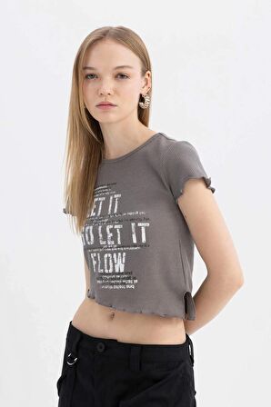 DeFacto Coool Fitted Bisiklet Yaka Baskılı Waffle Kısa Kollu Tişört C8613AX24SMGR310