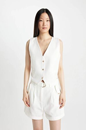 DeFacto Crop V Yaka Keten Karışımlı Blazer Yelek C7798AX24SMER105