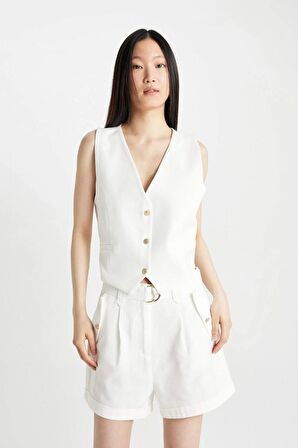 DeFacto Crop V Yaka Keten Karışımlı Blazer Yelek C7798AX24SMER105