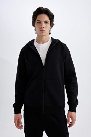 DeFacto Regular Fit Kapüşonlu İçi Yumuşak Tüylü Fermuarlı Sweatshirt X8331AZ24AUBK81