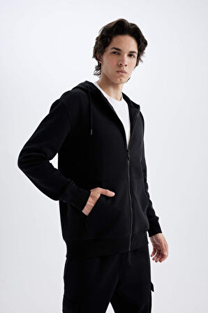 DeFacto Regular Fit Kapüşonlu İçi Yumuşak Tüylü Fermuarlı Sweatshirt X8331AZ24AUBK81