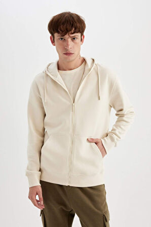 DeFacto Regular Fit Kapüşonlu İçi Yumuşak Tüylü Cepli Basic Düz Fermuarlı Sweatshirt X8331AZ24AUBG700