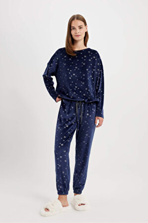 Fall in Love Desenli Uzun Kollu Velur Pijama Takımı