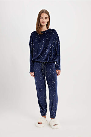 Fall in Love Desenli Uzun Kollu Velur Pijama Takımı
