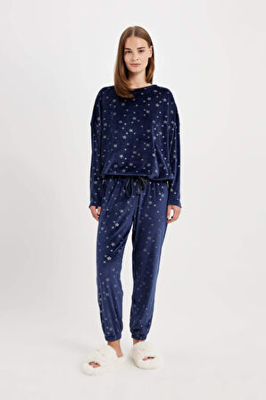 Fall in Love Desenli Uzun Kollu Velur Pijama Takımı