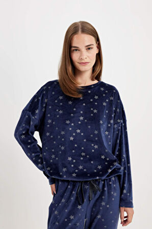 Fall in Love Desenli Uzun Kollu Velur Pijama Takımı