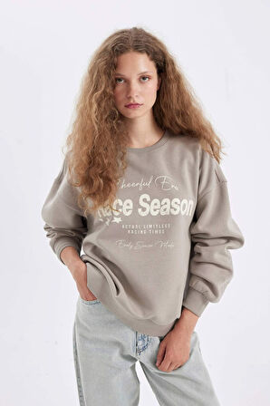 Loose Fit Bisiklet Yaka Baskılı Kalın Kumaş Sweatshirt