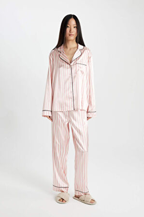 DeFacto Fall in Love Çizgili Uzun Kollu Saten Pijama Takımı C9445AX24AUBR86
