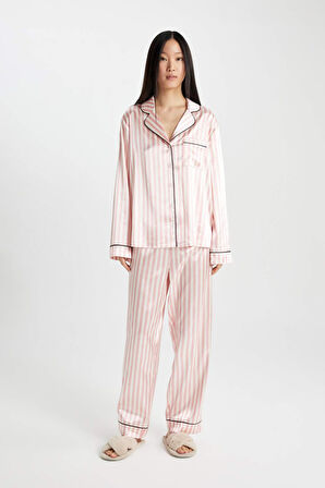 DeFacto Fall in Love Çizgili Uzun Kollu Saten Pijama Takımı C9445AX24AUBR86