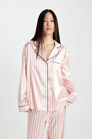 DeFacto Fall in Love Çizgili Uzun Kollu Saten Pijama Takımı C9445AX24AUBR86