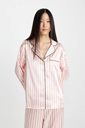 DeFacto Fall in Love Çizgili Uzun Kollu Saten Pijama Takımı C9445AX24AUBR86