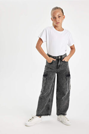 Kız Çocuk Wide Leg Kargo Cepli Geniş Bol Paça Jean Pantolon