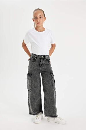 Kız Çocuk Wide Leg Kargo Cepli Geniş Bol Paça Jean Pantolon