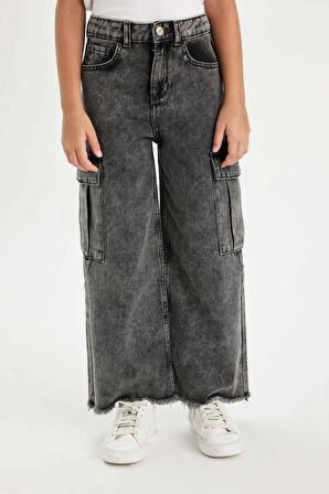 Kız Çocuk Wide Leg Kargo Cepli Geniş Bol Paça Jean Pantolon