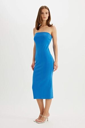 DeFacto Bodycon Vücudu Saran Straplez Fitilli Kaşkorse Midi Abiye Elbise D4440AX24HSBE124